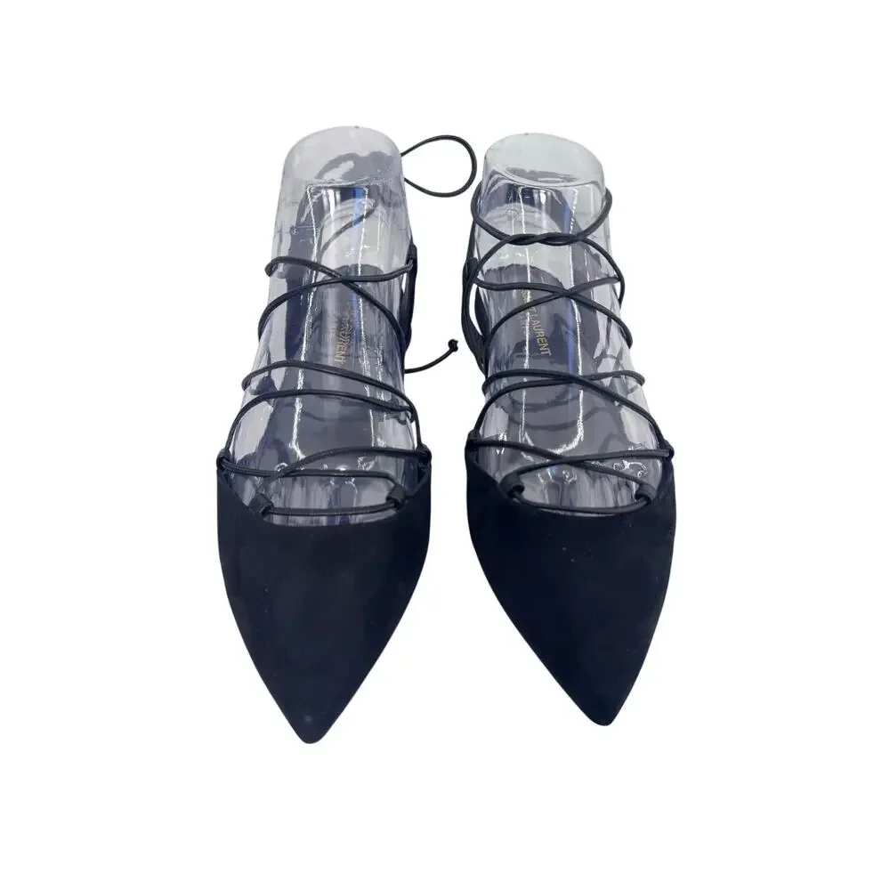 Saint Laurent Black Suede Lace Up Gladiator Pointed Toe Ballet Flats EU 37.5 YSL
